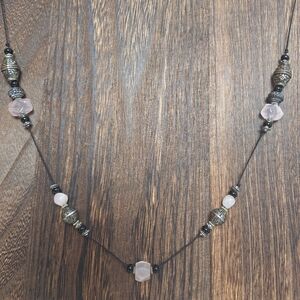 Semi Precious Gem Stone Necklace With Ornate Station Metal & Small Glass Beads